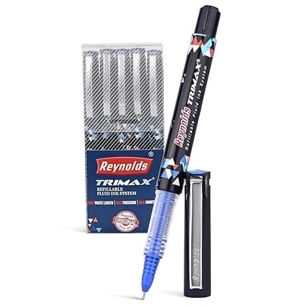 Reynolds TRIMAX RollerBall Pen SET - 5 PENS BLUE | ROLLER BALL PEN FOR WRITING | PEN FOR STUDENTS & OFFICE STATIONERY | 0.5 mm TIP SIZE