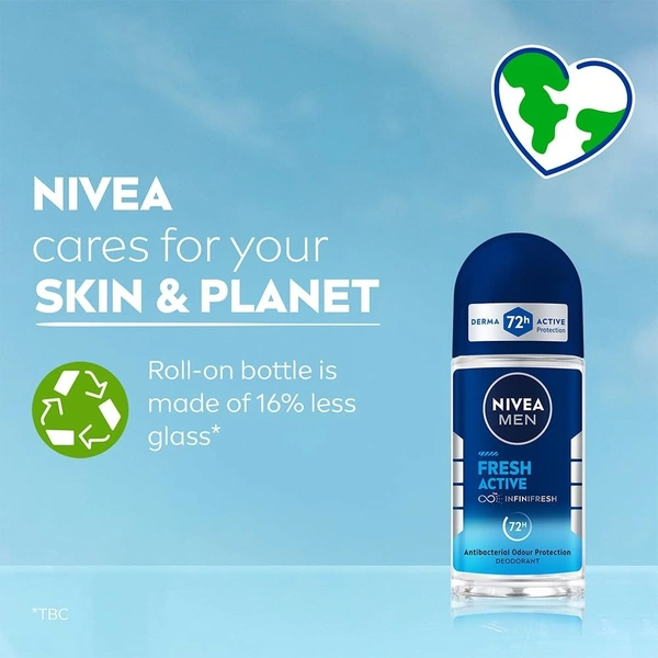 NIVEA MEN Fresh Active 50ml Deo Underarm Roll On | With Fresh Ocean Extracts Scent| 72 H Freshness| 0% Alcohol | Dermatologically Approved & Paraben...
