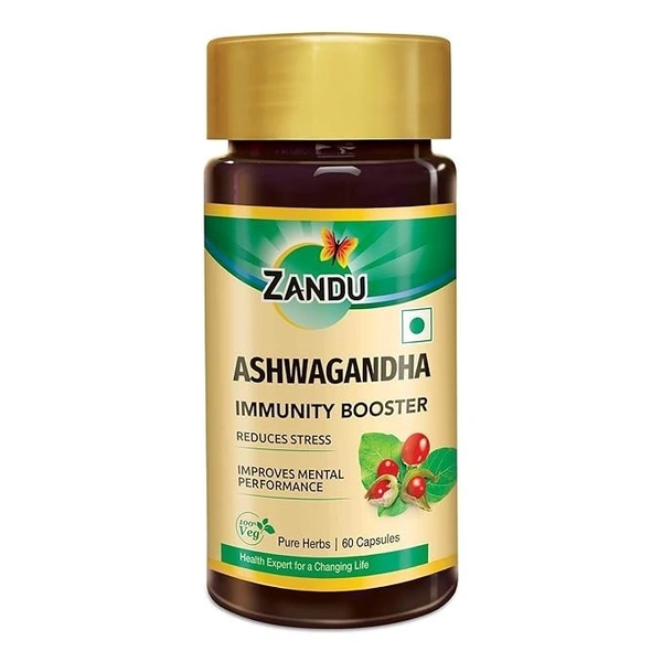 Zandu Ashwagandha 60 Veg Caps | 100% Pure Ashwagandha Root Extract | Scientifically Proven for Stress Relief With 5X Withanolide*| Boosts Immunity & Stamina | Rejuvenates Mind & Body| No Preservatives