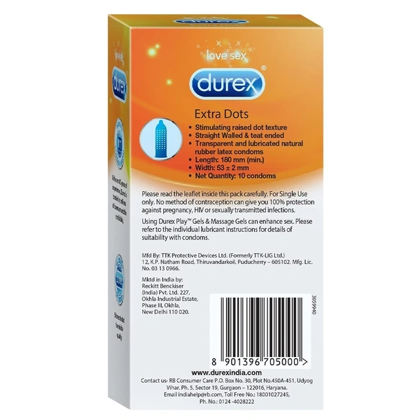 Durex Condoms, Extra Dots For Extra Stimulation - Pack of 10N Condoms - 180 mm