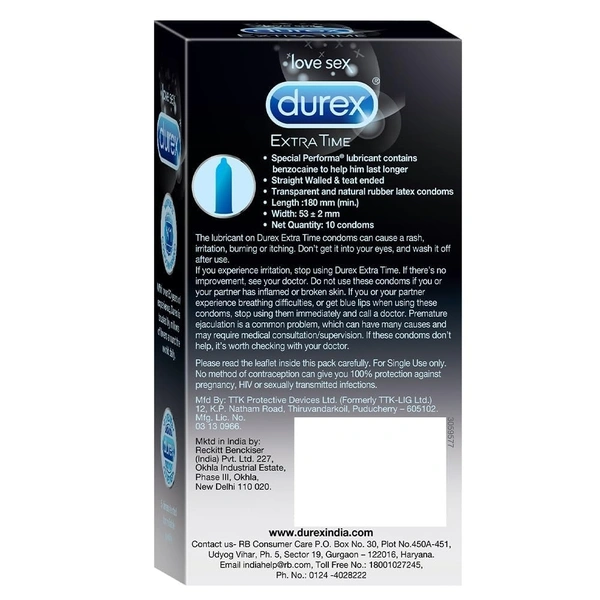 Durex Condoms, Extra Time For long Lasting Pleasure - Pack of 10N Condoms - 180 mm