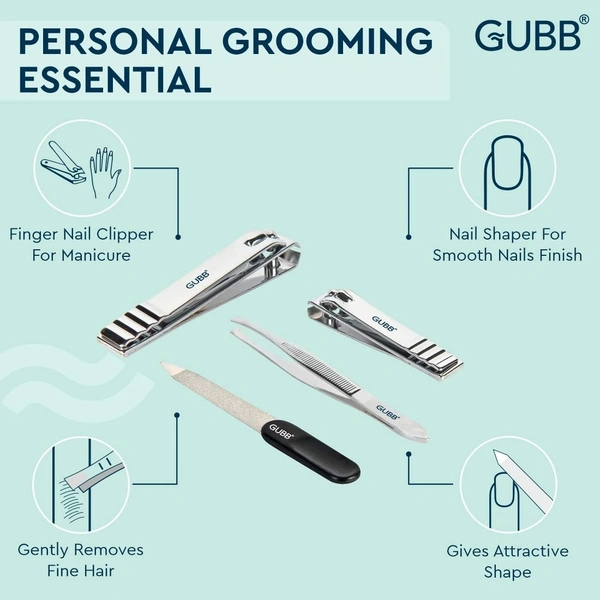 GUBB Nail Care Kit - Toe Nail Clipper, Finger Nail Cutter, Nail Filer & Flat Tweezer | Nail Clipper For Manicure, Nail Shaper for Smooth Nail Finish, Rust Resistant - Sharp & Durable Edge - SS