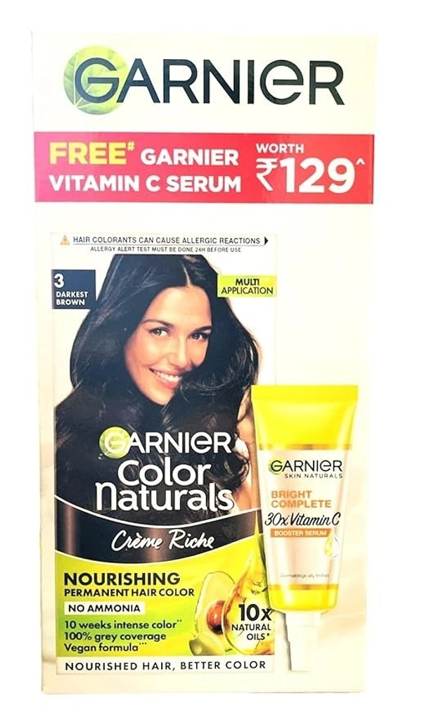 Garnier, Hair Colouring Creme, Long-lasting Colour, Smoothness & Shine, Color Naturals 70ml + 60g with Vitamin C Face Serum 7ml worth 129INR - Offer Pack (Shade 3 Darkest Brown) - 70ml+60g