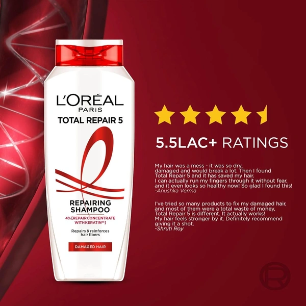 L'Oreal Paris Total Repair 5 Shampoo For Damaged Hair | Powered by Keratin XS Technology| Fights 5 Signs of Hair Damage- Frizz, Breakage, Dryness, Stiff... - 200ml