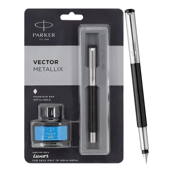 Parker Vector Mettalix Chrome Trim Fountain Pen with Quink Ink Bottle - Blue | Refillable Fountain Pen for Professionals, Students | Ergonomically crafted...