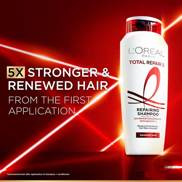 L'Oreal Paris Total Repair 5 Shampoo For Damaged Hair | Powered by Keratin XS Technology| Fights 5 Signs of Hair Damage- Frizz, Breakage, Dryness, Stiff... - 200ml