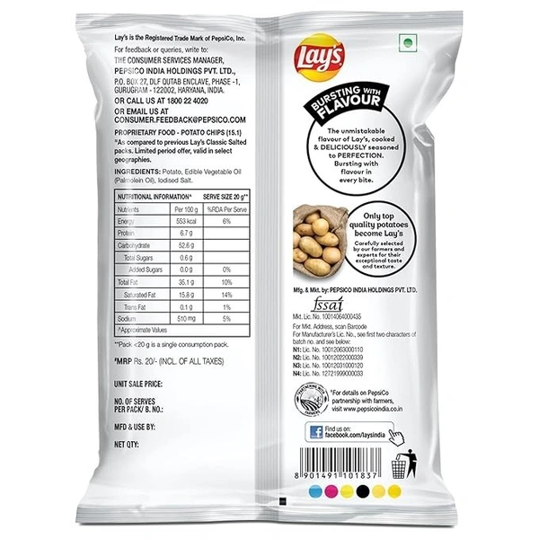 Lay's Potato Chips 48 Gram, Classic Salted Flavour, Crunchy Chips & Snacks