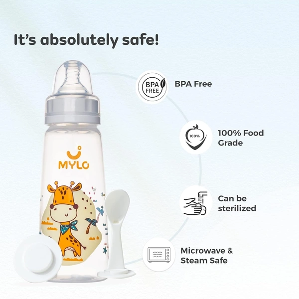 Mylo Baby 2 in 1 Feeding Bottle with Spoon (250 ml) for New Born Baby | Anti Colic & BPA Free Feeding Bottles | Feels Natural Baby Bottle | Easy Flow Neck Design- Orange Girrafe - 250 ML, Multi-color
