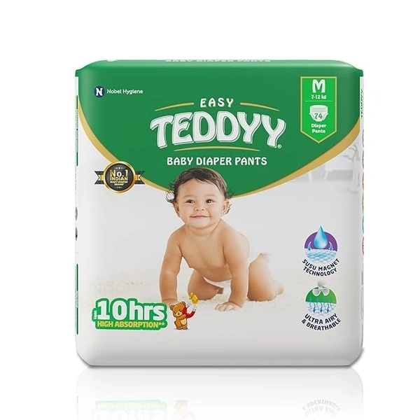 TEDDYY Baby Easy Pant Diapers Medium 74 Count (Pack of 1), 7-12 kgs, 10 hrs Leak Protection, Anti - Bacterial  - m
