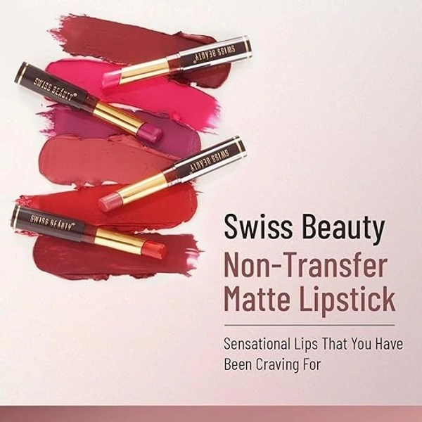 Swiss Beauty Non-Tranfer Matte Lipstick, Smooth & Waterproof - 2g, Orange Red