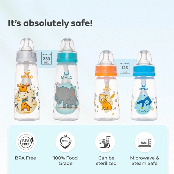 Mylo Baby 2 in 1 Feeding Bottle with Spoon (250 ml) for New Born Baby | Anti Colic & BPA Free Feeding Bottles | Feels Natural Baby Bottle | Easy Flow Neck Design- Orange Girrafe - 250 ML, Multi-color