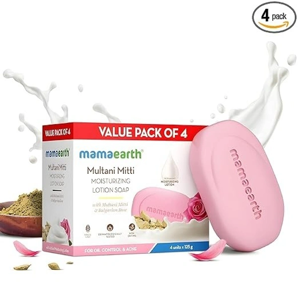 Mamaearth Multani Mitti Moisturizing Lotion Soap with Multani Mitti & Rose for Oil Control & Acne 125g (Pack of 4) | Benefits of Lotion in a Soap | Deeply Cleanses & Moisturizes | Grade 1 Acne Soap
