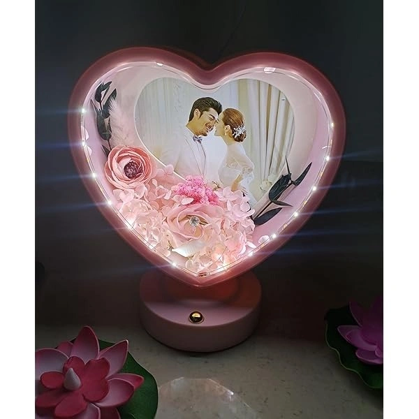 Heart Shaped Photo Frame with Elegant Lights and Roses | Heart Shape | Couple Design | Dashboard Frame | Gift Personalized | Tabletop | Multipurpose | Wedding Gift (White) - White
