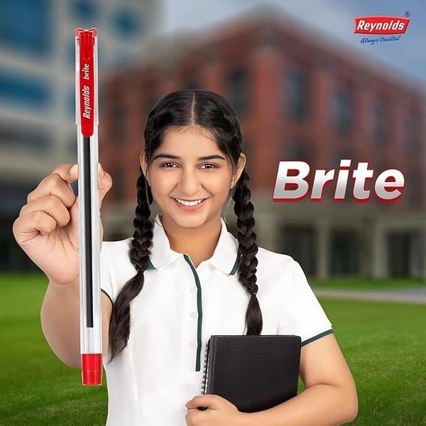 Reynolds BRITE Ball Pen SET - 5 Red PENS WITH COMFORTABLE GRIP |BALL PENS FOR WRITING | PEN FOR STUDENTS & OFFICE STATIONERY | 0.7 mm TIP SIZE - red