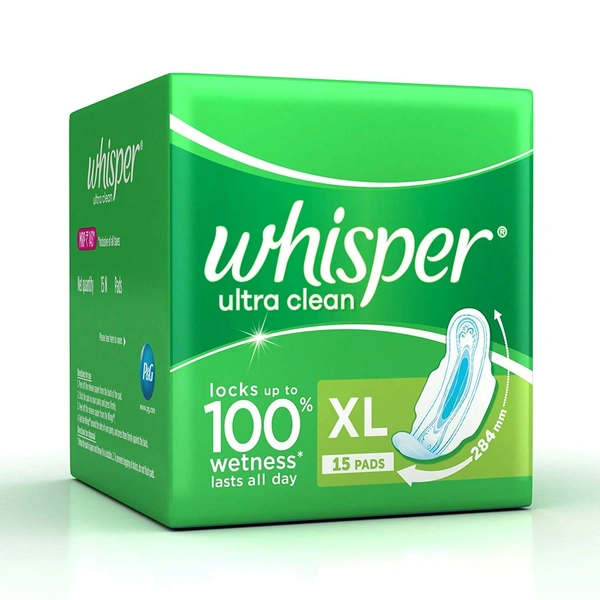 Whisper Ultra Clean Sanitary Pads XL wings (15 Count) (Pack of 1)