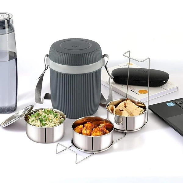 CELLO Wow 3 Insulated Lunch Box | 3 Stainless Steel Containers, Grey | Outer Plastic Inner Steel Container | Leak Proof | Food Grade | Easy to Carry | Tiffin Box for Office, Picnic, Travelling - 970 ML, Grey