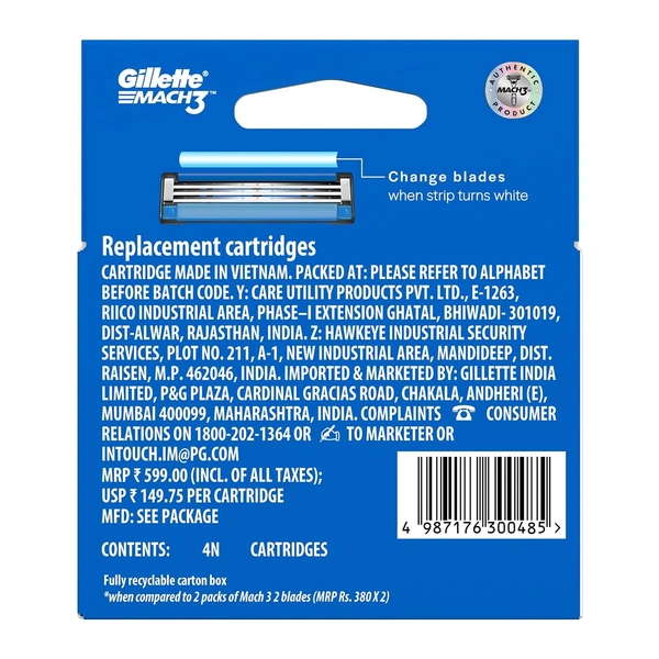 Gillette Mach 3 Manual Shaving Razor Blades - 4s Pack (Cartridge)