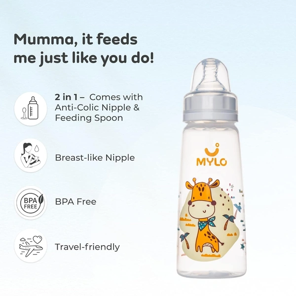 Mylo Baby 2 in 1 Feeding Bottle with Spoon (250 ml) for New Born Baby | Anti Colic & BPA Free Feeding Bottles | Feels Natural Baby Bottle | Easy Flow Neck Design- Orange Girrafe - 250 ML, Multi-color