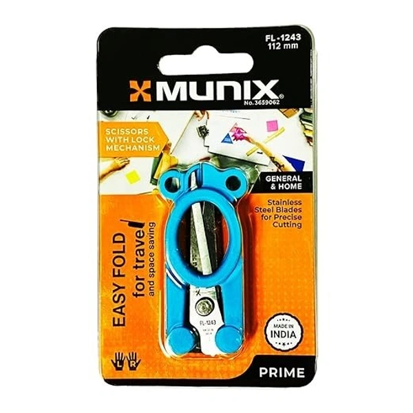 Munix FL-1243 112 mm / 4.4" Stainless Steel Foldable Scissors | Pointed Tip Blade with Lock Mechanism | Asymmetrical Handles for Easy Grip  - 112 mm, Multi-color