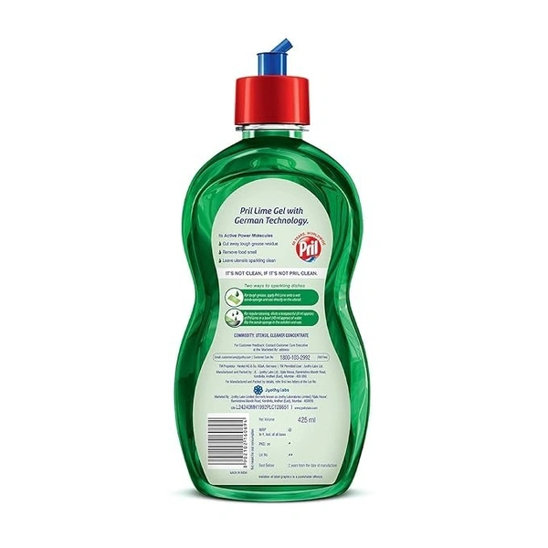 Pril Lime Liquid Dishwash Gel - 425ml | Dish Cleaning Liquid Gel with German Technology - Active Power Molecules Leaves No Residue, Grease Cleaner For All Types of Utensils 8902102163695 - 425 ml, Green