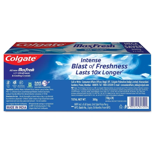Colgate MaxFresh Breath Freshner Oral Care Toothpaste, 300g Saver Pack (150g x 2), Peppermint Ice, Blue Gel Paste with Menthol & Cooling crystals for bad breath control - 300g