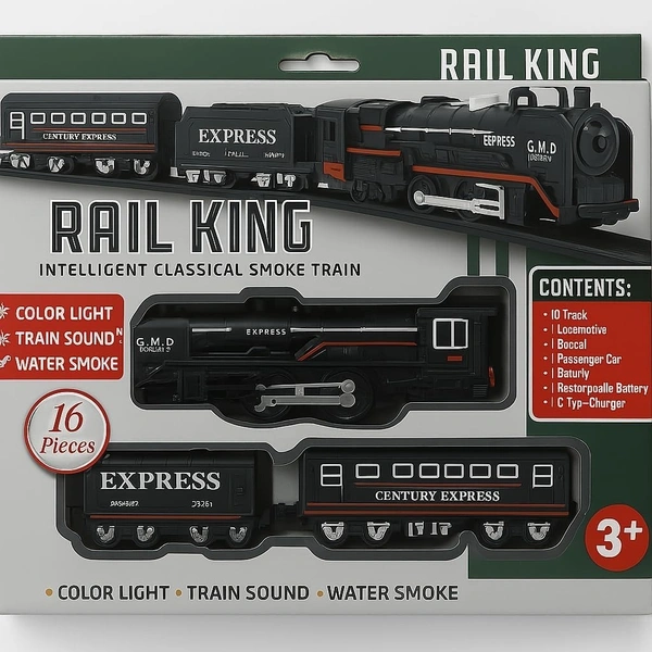 Rail King Intelligent Classical Smoke Train – Rechargeable 16–Piece Set with Tracks, Locomotive & Carriages, Featuring Light, Sound & Realistic Water Smoke for Kids  - 24 x 20 x 3.5 cm, Multi-color