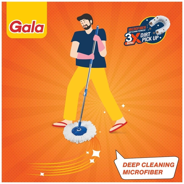 Gala Plastic Quick Spin Mop,Easy Wheels & Big Bucket With 2 Microfiber Refills, Floor Cleaning Mop With Bucket, Pocha For Floor Cleaning, Mopping Set(White And Blue)