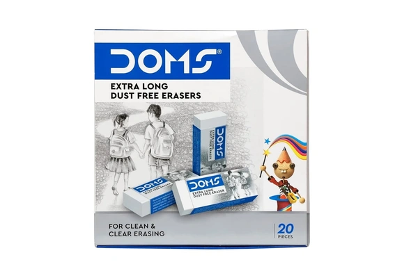 Doms Non-Toxic Dust Free Extra Long Eraser Box Pack | For Clean & Clear Erasing | Stationery Gift Item For Kids & Students | Pack of 20 Pieces
