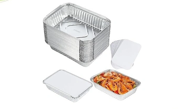 Aluminium Foil Container Box with Lid Pack for Food Packing, Baking, Takeaway | Disposable Foil Box for Meal Prep Storage Kitchen | Use and Throw Food Parcel Containers - Medium, Sliver