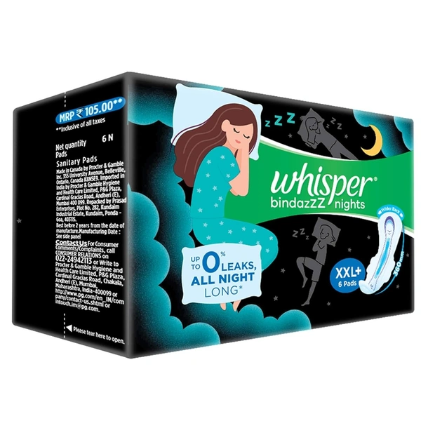 Whisper Bindazzz Night Koala Soft Sanitary Pads|Pack of 6 thin Pads|XXL+|upto 0% Leaks|60% Longer & wider back|Soft topsheet|36 cm Long|With disposable wrap 