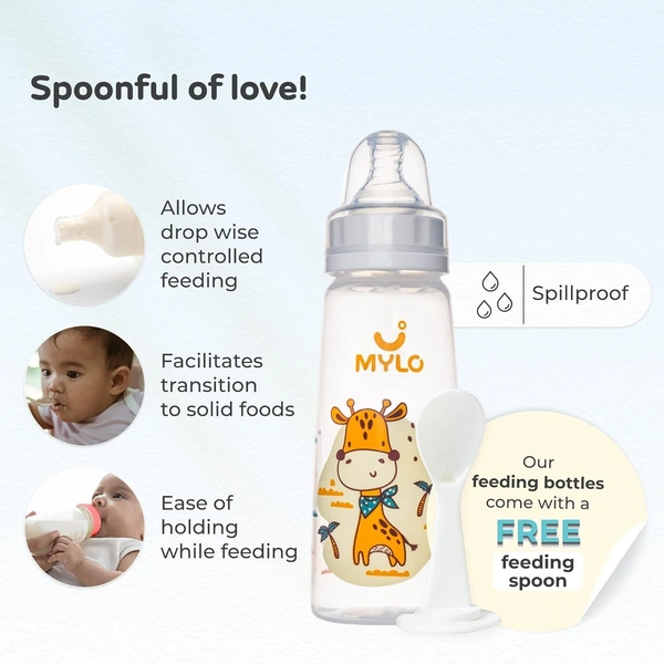 Mylo Baby 2 in 1 Feeding Bottle with Spoon (250 ml) for New Born Baby | Anti Colic & BPA Free Feeding Bottles | Feels Natural Baby Bottle | Easy Flow Neck Design- Orange Girrafe - 250 ML, Multi-color