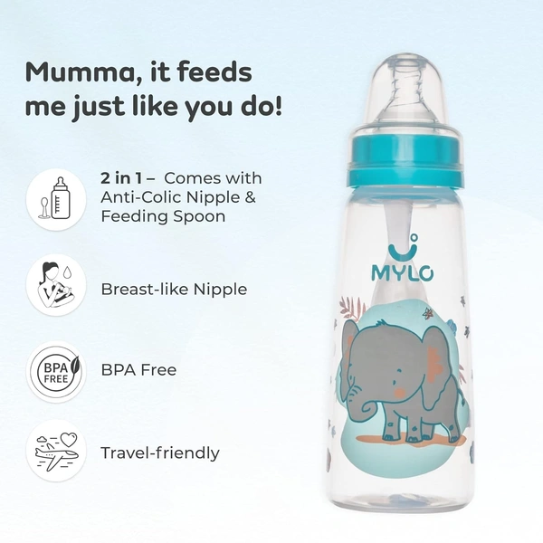 Mylo Baby 2 in 1 Feeding Bottle with Spoon (250 ml) for New Born Baby | Anti Colic & BPA Free Feeding Bottles | Feels Natural Baby Bottle | Easy Flow Neck Design- Blue Elephant - 250 ML, Multi-color