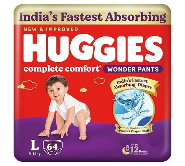 Huggies Complete Comfort Wonder Pants | Pant Style Baby Diapers Large Size, 64 Count | India's Fastest Absorbing Diaper, Prevents Diaper Rash, Ideal for...