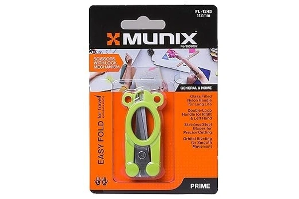 Munix FL-1243 112 mm / 4.4" Stainless Steel Foldable Scissors | Pointed Tip Blade with Lock Mechanism | Asymmetrical Handles for Easy Grip  - 112 mm, Multi-color