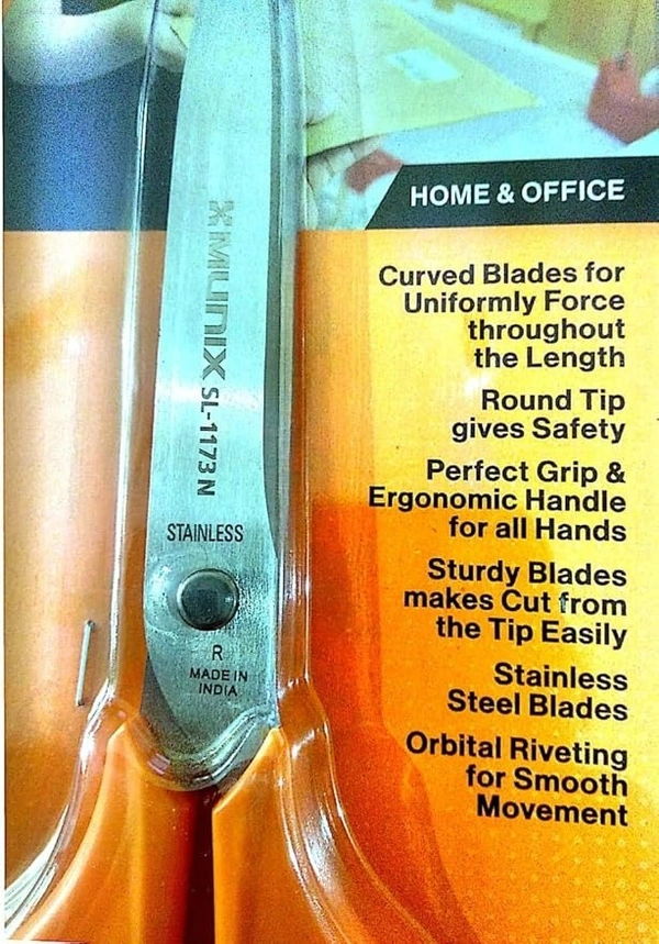 Munix SL-1173 185 mm /7.2" Stainless Steel Scissors | Pointed Tip with Shock Proof Body | Ergonomic & Soft Handles for Easy Handling | Orange, Pack of 1 - ‎185 ML, Multi-color