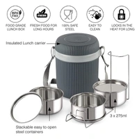 CELLO Wow 3 Insulated Lunch Box | 3 Stainless Steel Containers, Grey | Outer Plastic Inner Steel Container | Leak Proof | Food Grade | Easy to Carry | Tiffin Box for Office, Picnic, Travelling - 970 ML, Grey