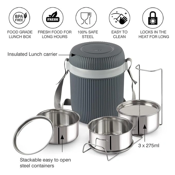 CELLO Wow 3 Insulated Lunch Box | 3 Stainless Steel Containers, Grey | Outer Plastic Inner Steel Container | Leak Proof | Food Grade | Easy to Carry | Tiffin Box for Office, Picnic, Travelling - 970 ML, Grey