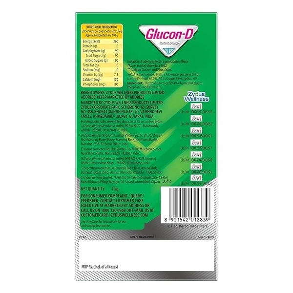 Glucon-D Regular Glucose Powder(1kg, Refill)| For Tasty Glucose Drink| Provides Instant Energy| Vitamin D2 Supports Immunity - 250g