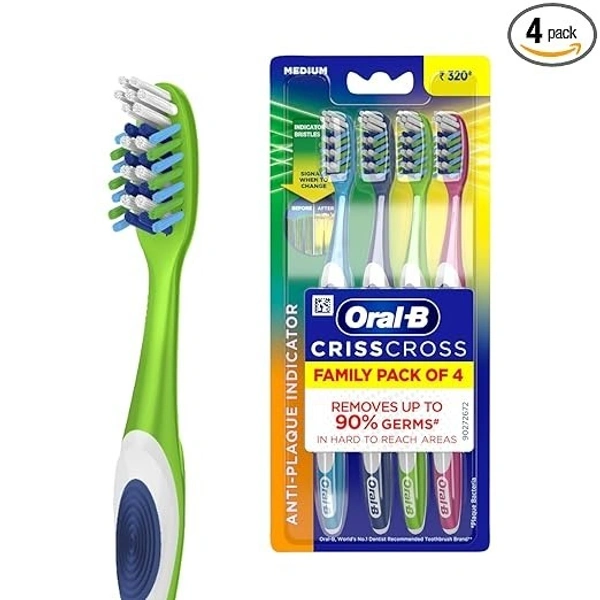 Oral-B Criss Cross Deep Clean Medium Bristles Manual Toothbrush For Adults,Tongue Cleaner,  Tooth Brush Set, Oral B Dentist Recommended Brand (Family Pack of 4) - Multicolour