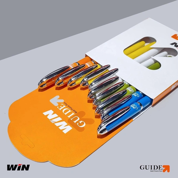 WIN Guide Ball Pens | 10 Blue Ink Pens | 0.6 mm Tip | Smooth Writing | Lightweight Multicoloured Body Available in 5 Colours | Refillable Pen | School,...