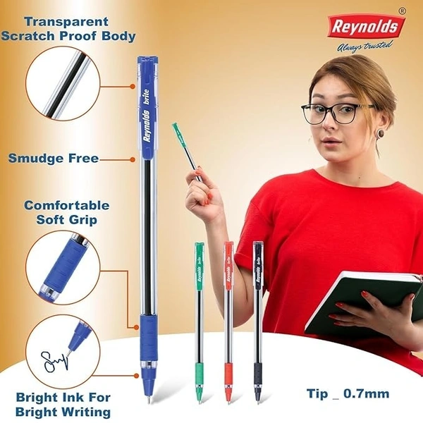 Reynolds BRITE Ball Pen SET - 5 Red PENS WITH COMFORTABLE GRIP |BALL PENS FOR WRITING | PEN FOR STUDENTS & OFFICE STATIONERY | 0.7 mm TIP SIZE - red