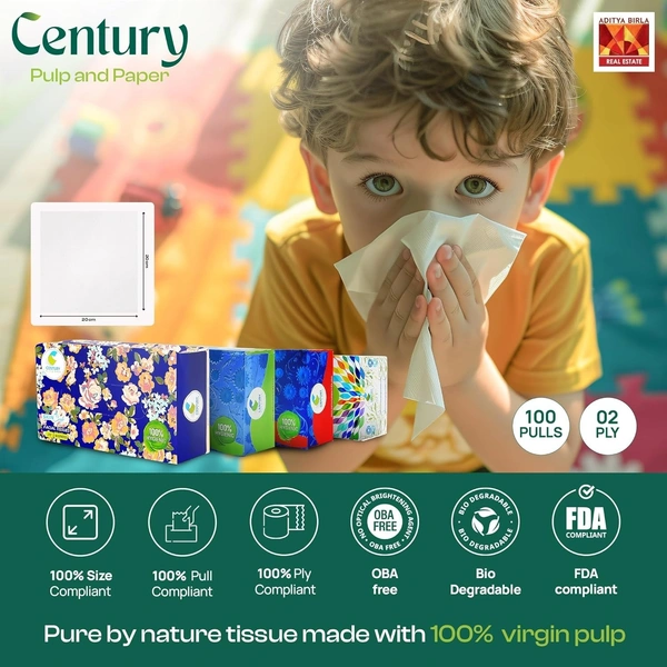 Century 2 Ply 100% Virgin Pulp Soft Facial Tissue Box | Car Tissue - 100 Pulls Per Roll - 20 * 16 cm, White
