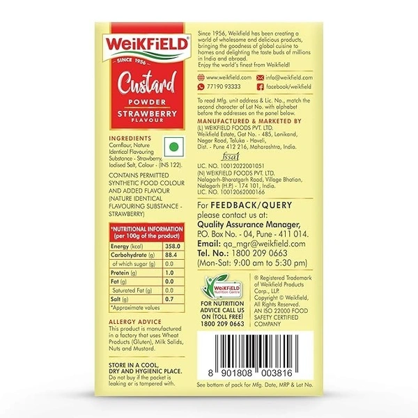 Weikfield Custard Powder | Strawberry Flavor | Makes Smooth & Creamy Custard | 75g Carton