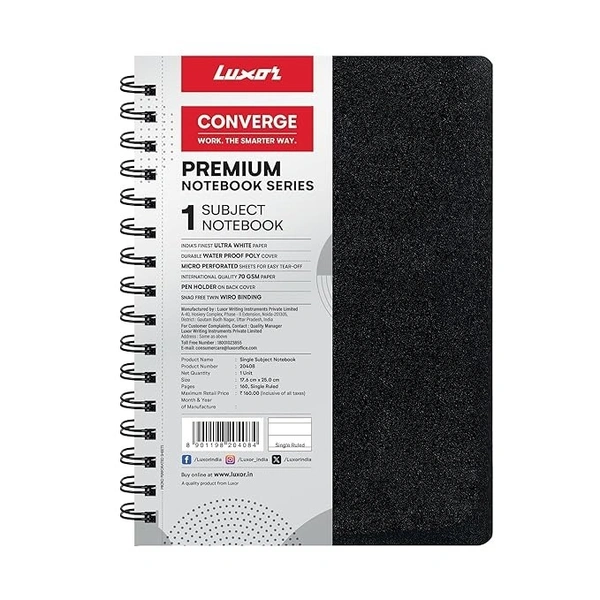 Luxor 1 Subject Spiral Premium Notebook, Single Ruled - (17.6cm x 25cm), 160 Pages, Black