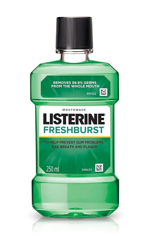 Listerine Fresh Burst Mouthwash Liquid, for fresh breath, Removes 99.9% Germs - 250 ML