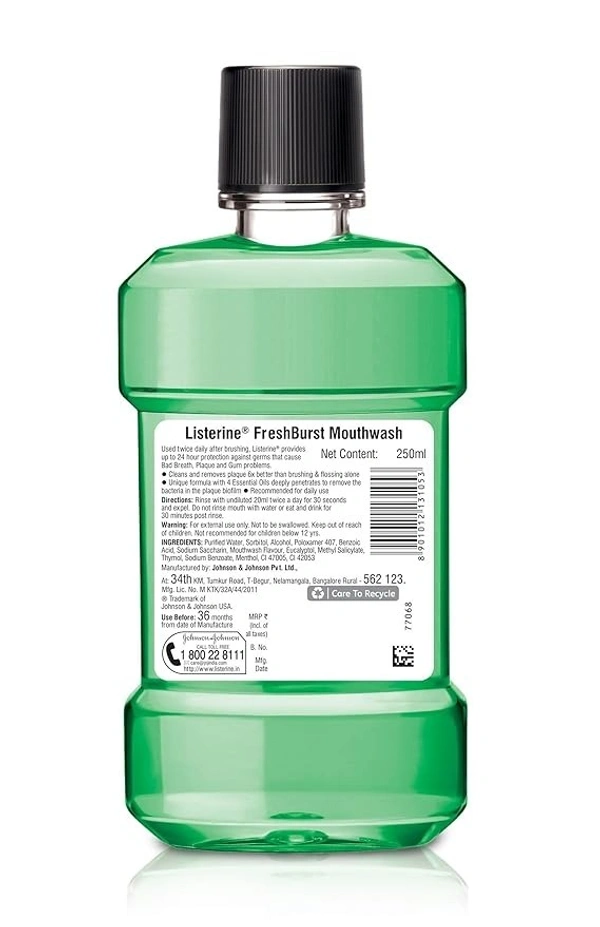 Listerine Fresh Burst Mouthwash Liquid, for fresh breath, Removes 99.9% Germs - 250 ML