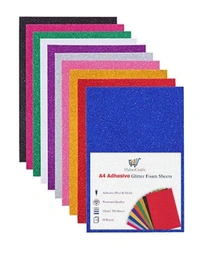 Glitter Foam Sheets Craft Foam Craft EVA Foam Shiny Glittery Sparkle Colour Flexible Soft Touch Easy Cut Card Making Art Crafts 210mm × 297mm A4 Size 1.8mm Thick (Assorted Adhesive)  - pack of 10