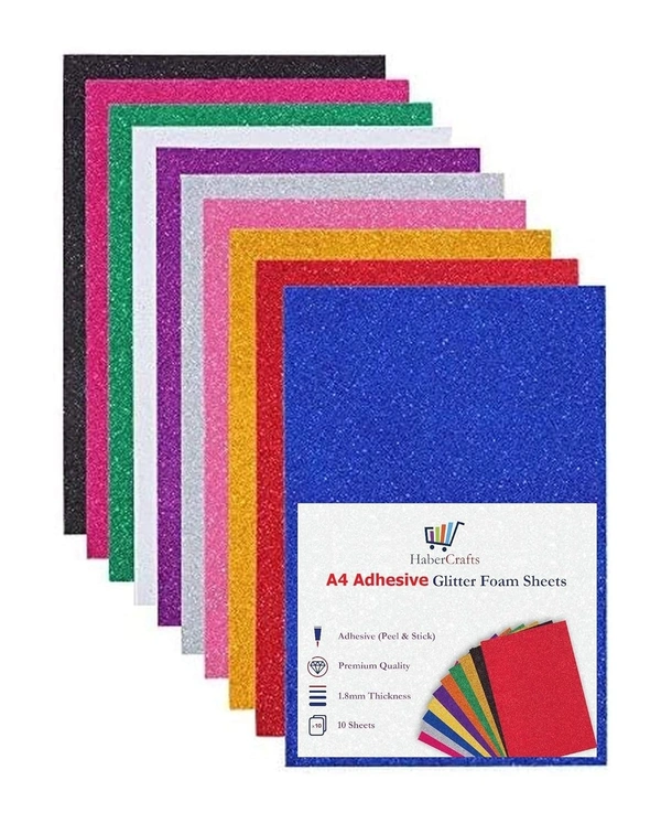Glitter Foam Sheets Craft Foam Craft EVA Foam Shiny Glittery Sparkle Colour Flexible Soft Touch Easy Cut Card Making Art Crafts 210mm × 297mm A4 Size 1.8mm Thick (Assorted Adhesive)  - pack of 10