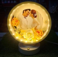Round Photo Frame with Elegant Lights and Roses | Heart Shape | Couple Design | Dashboard Frame | Gift Personalized | Tabletop | Multipurpose | Wedding Gift (White) - 24L x 18W Centimeters, White