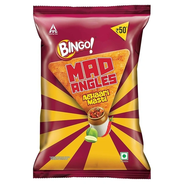 Bingo! Mad Angles Achaari Masti Mango Pickle Flavour Crunchy Triangle Chips Pack - 117g/130g